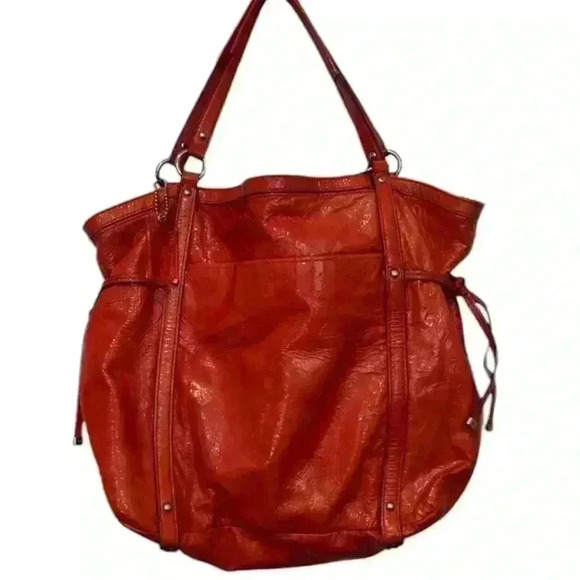 PENDING Coach Audrey OP ART Coral Peach Patent Leather Tote Shoulder Handbag - Picture 2 of 16